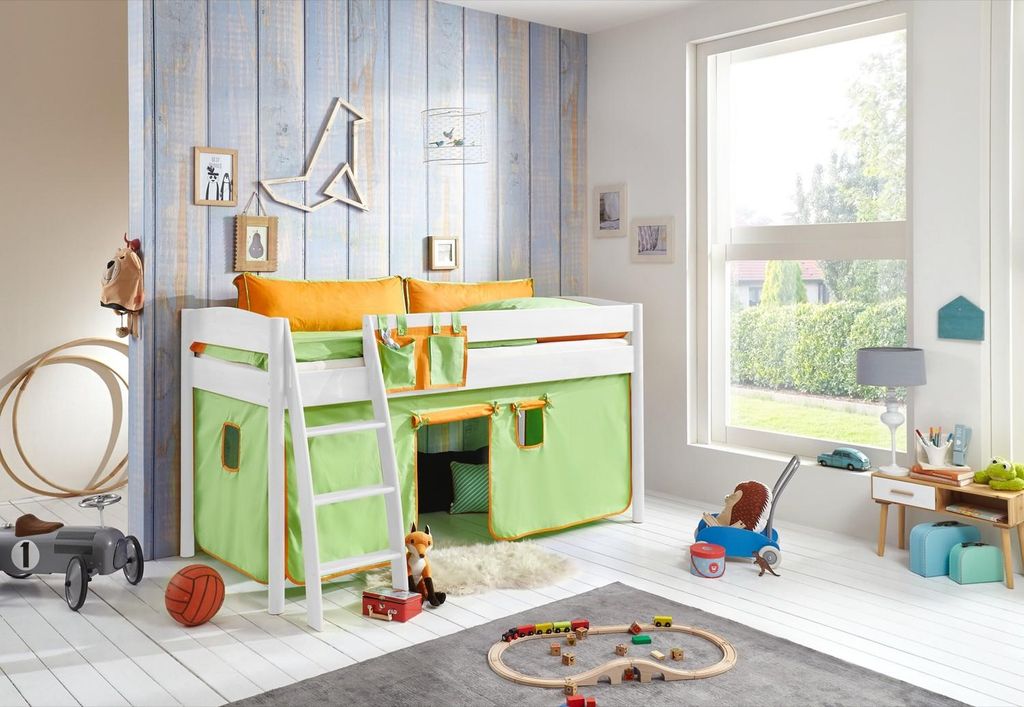 Halbhohes Einzelbett Mischelle Buche massiv Weiß lackiert 90x200 mit Textilset