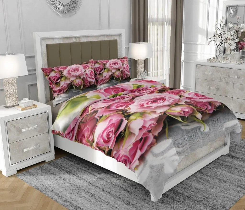 Biancheria da letto 160x200 cm + 2x70x80 cm, set 3 pezzi, 100% cotone, cerniera, Fiori, rosa - SOVIO | So.0200