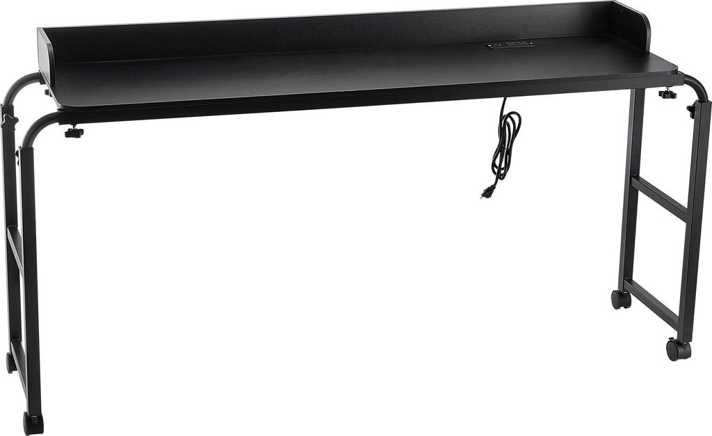 A black mobile overbed table with wheels and a power outlet.