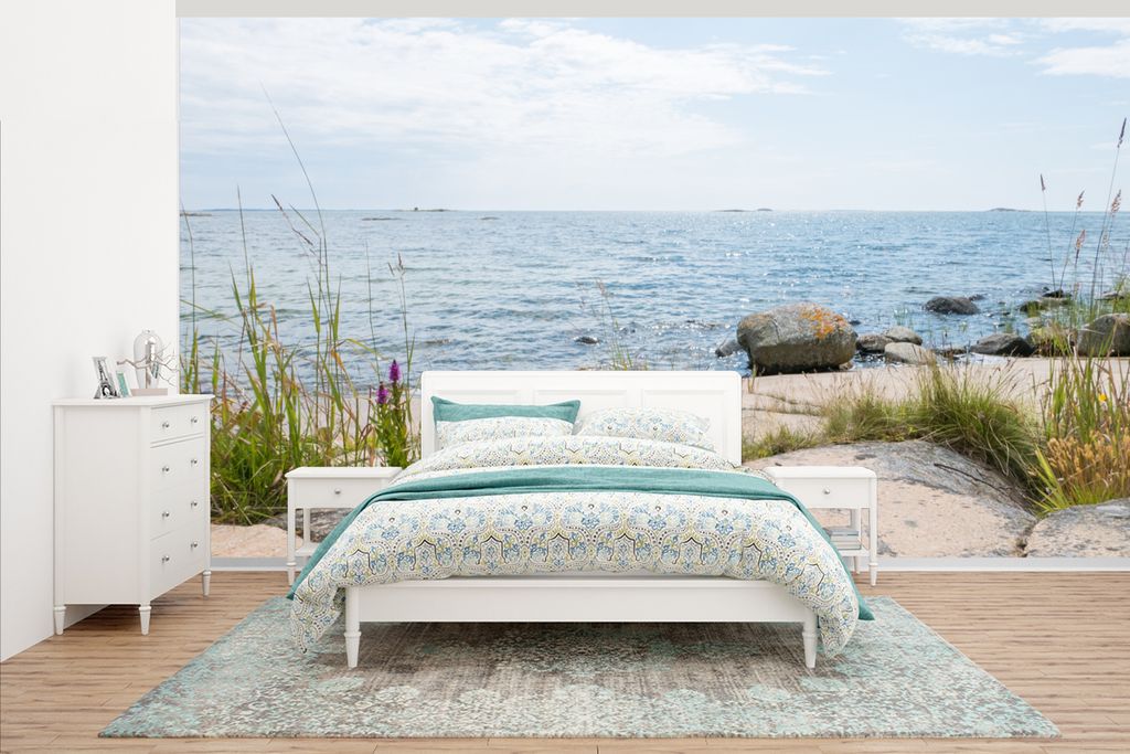 MuchoWow Fototapete für Wohnzimmer oder Schlafzimmer Wandtapete Vinyl Motivtapete Strand - Meer - Kieselsteine - 395x220 cm - Tapezier Papier