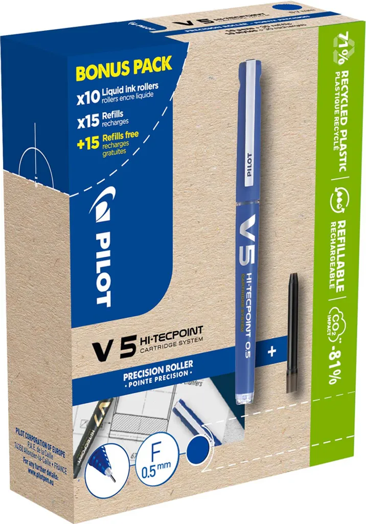 Pilot 556244 Roller à encre liquide V5 Hi-Tecpoint Bleu Bonuspack
