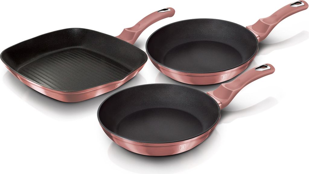 Berlinger Haus I-Rose Bratpfannenset + Grillpfanne 20-24-28cm Induktion Aluminium Antihaftbeschichtung Rosa