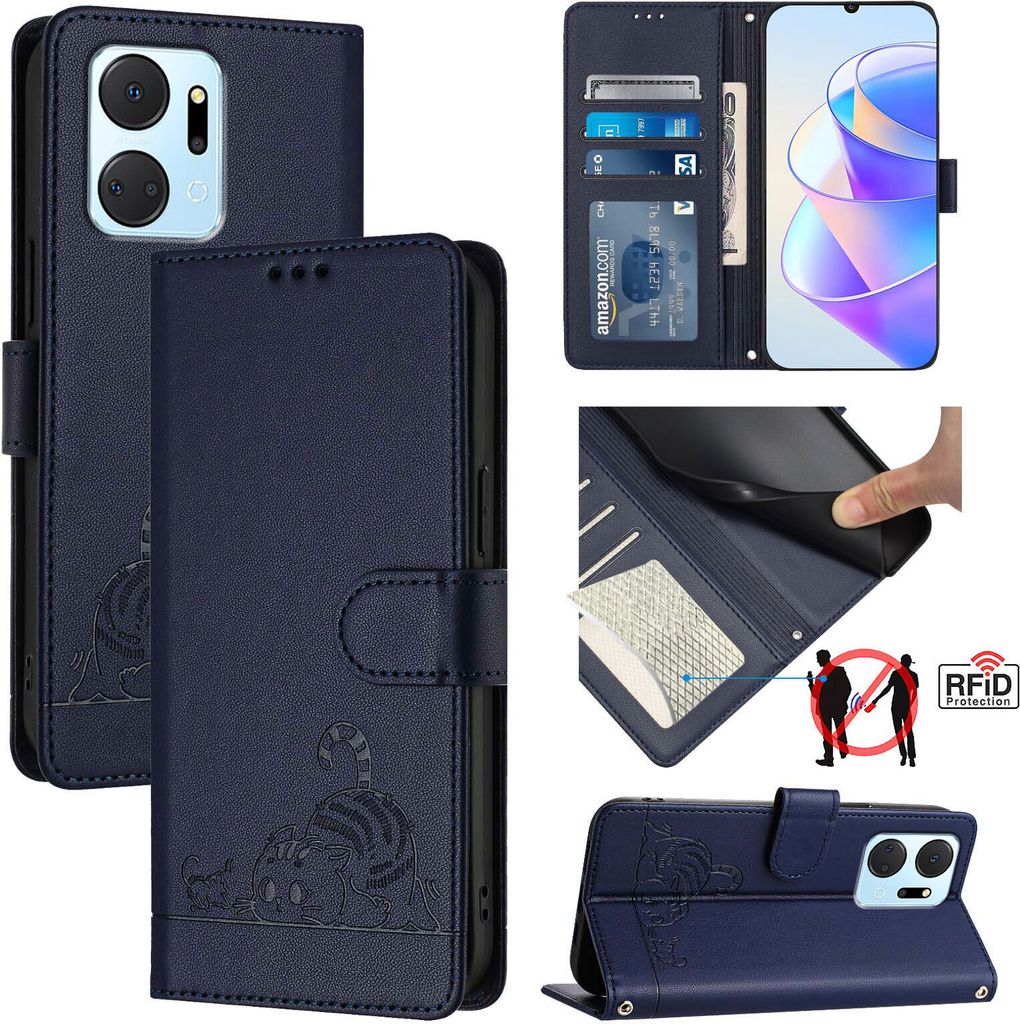 Leder Hülle für Honor X7a /Honor Play7T Süße Katze Flip Case Brieftasche Schutzhülle mit Standfunktion Blau