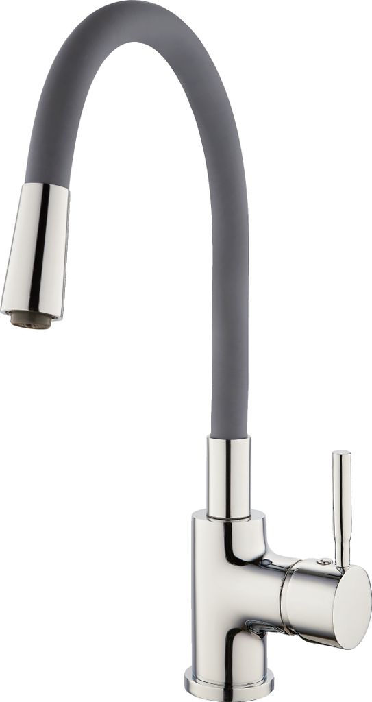 A kitchen faucet with a flexible gray hose and a silver base.