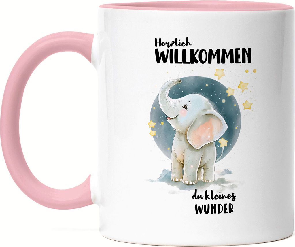 Herzlich willkommen du kleines Wunder Tasse Rosa Elefant Geburt Geschenk Hallo Baby