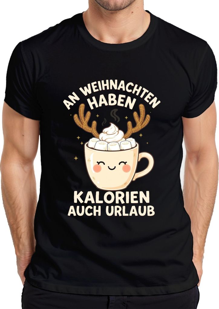 An Weihnachten haben Kalorien auch Urlaub Rentier Kakao lustig Herren T-Shirt, Schwarz, S