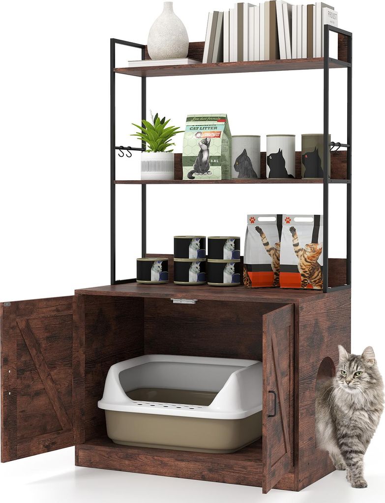 COSTWAY Katzenschrank mit Bücherregal, Katzenklo Schrank für Katzentoilette, Katzenhaus mit 3-stufigen Regalen, 4 Haken & Eingang, Katzenmöbel B...