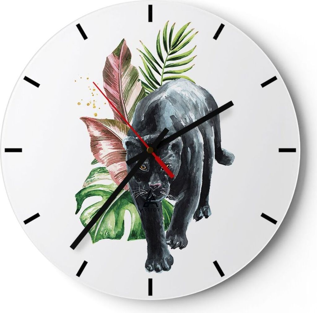 Wanduhr - Rund - Glasuhr - Schwarz Panther Blätter - 30x30cm - Schleichendes Uhrwerk - Lautlos - zum Aufhängen bereit - Dekoration Modern - Wandd...