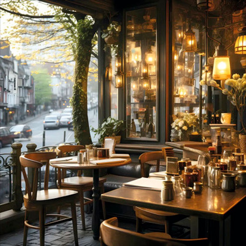 Glasbild Little Street Cafe I 50x50 cm