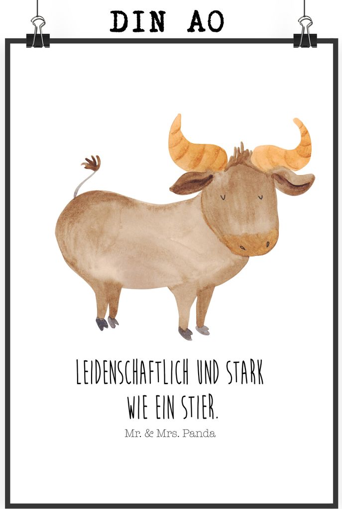 Mr. & Mrs. Panda Bild Sternzeichen Stier DIN A0 - Weiß - Geschenk, Plakat, Geburtstag April, Ochse, kunstdruck poster, wanddeko, Mai, Rind, drucke