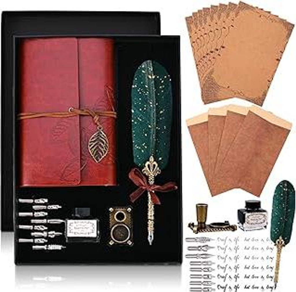 Cieex Schreibfeder Kalligraphie Feder, Handgemachte Dip Pen, Vintage Federkiel Dip Quill Pen Writing Ink Set für Schrein Geschenk