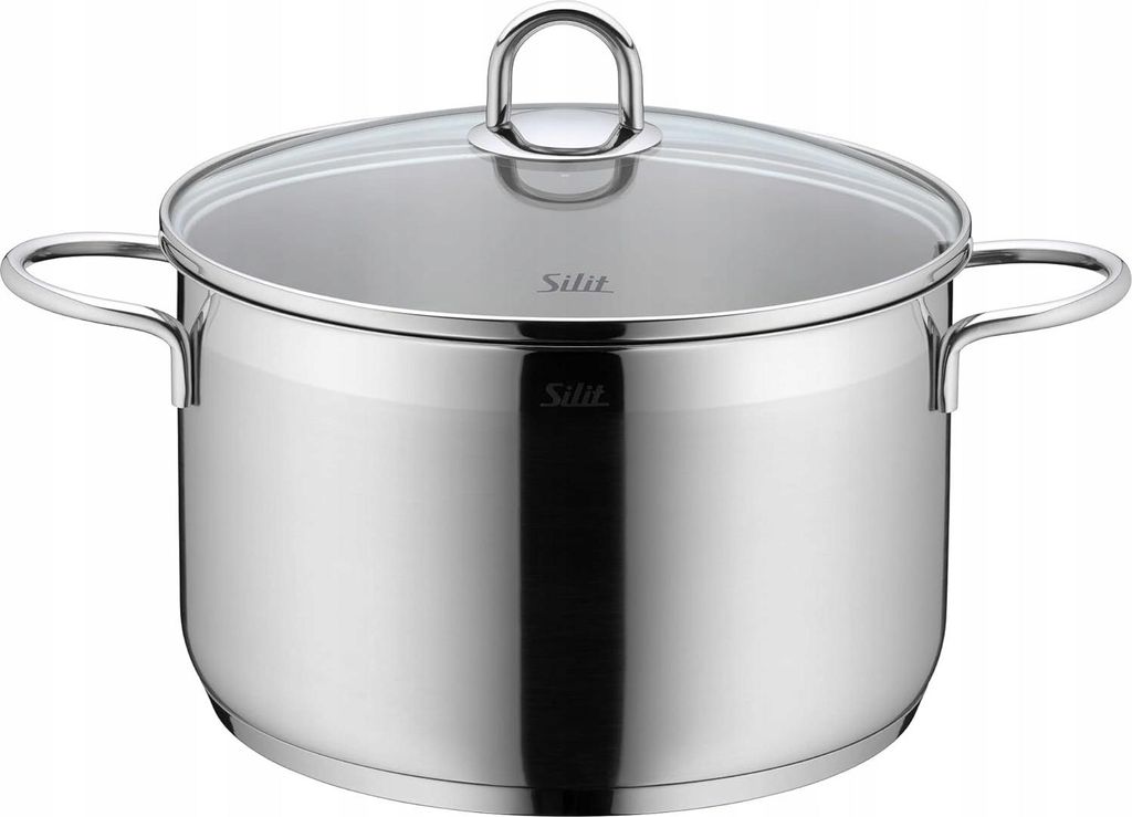 A studio shot of a stainless steel pot with a glass lid.