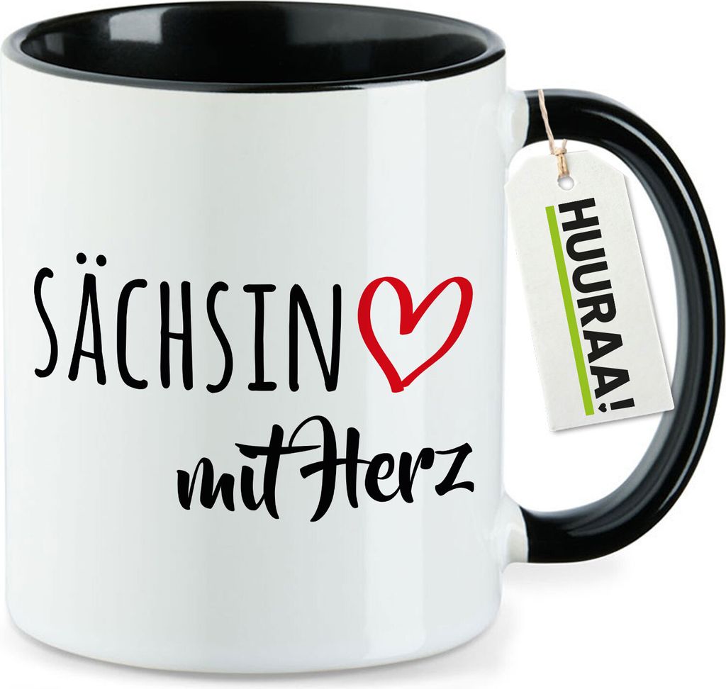 Huuraa Kaffeetasse Sächsin mit Herz 330ml Schwarz Keramik Kaffeebecher Geschenkidee