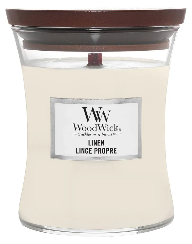 Bougie WoodWick Linen Medium : Linge Propre, Sans fumée noire