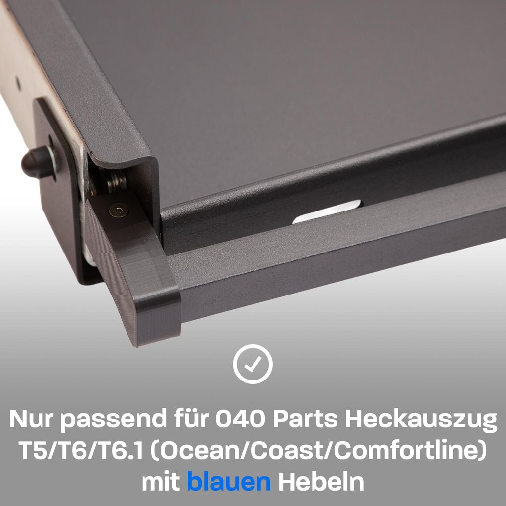 040 Parts Einhandverriegelung für Heckauszüge von 040 Parts Version für VW T5 T6 T6.1 Comfortline, Ocean, Coast mit blauem Hebel