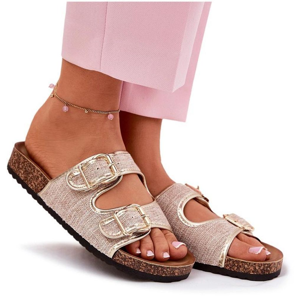 Damen Stoffslipper Auf Korkplattform Mit Schnallen Gold Osoffe 36