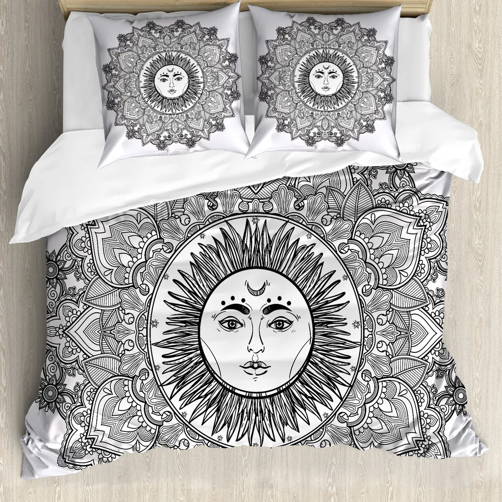 ABAKUHAUS Copripiumino Mandala, fiori boho, antiacaro, adatto a chi soffre di allergie, con federe, 200 cm x 200 cm - 80 x 80 cm, bianco e nero - 1