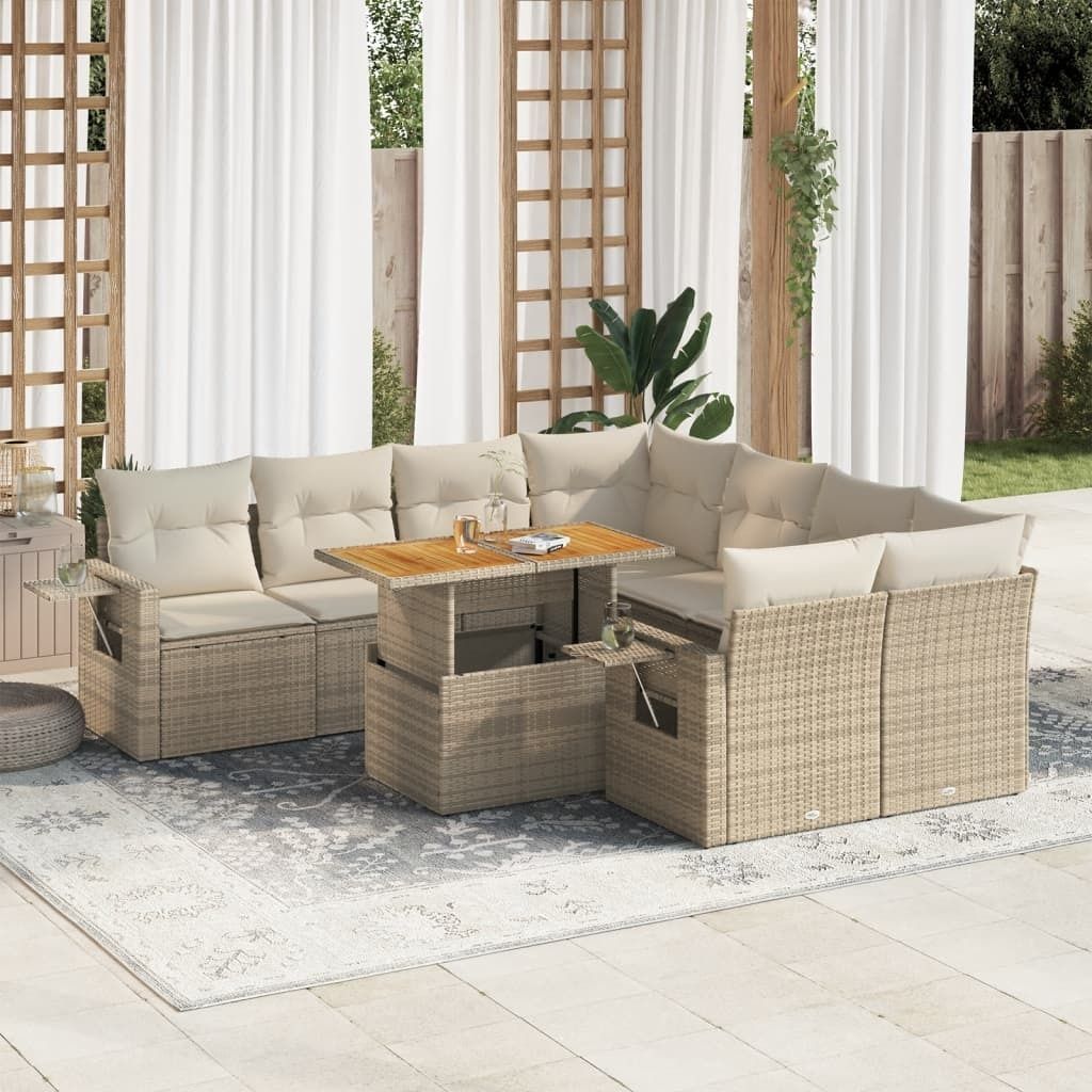 "Rabatt" 9-tlg. Garten-Sofagarnitur - mit sofa - mit Kissen Beige Poly Rattan - Lounge-Dining set CC12085