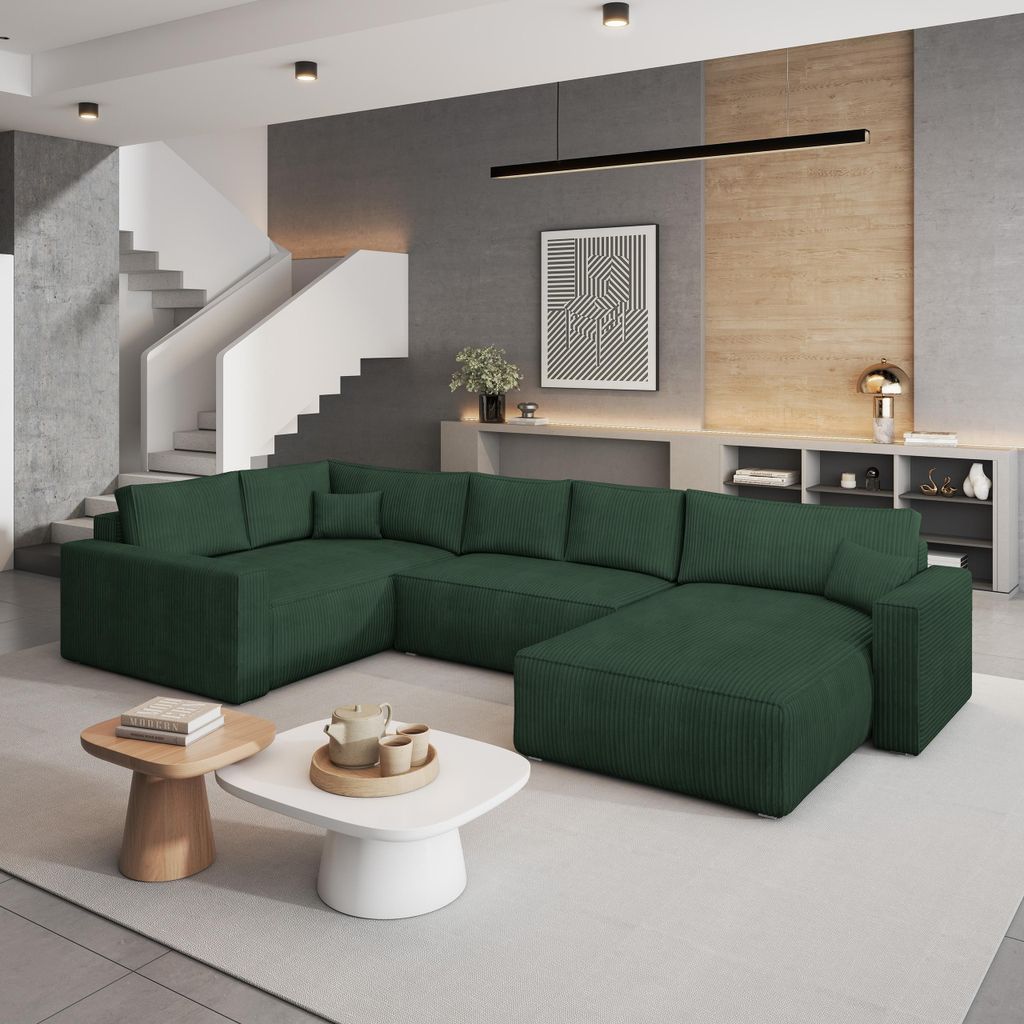 Masseno Ecksofa VELAMI L-S mit Schlaffunktion U-Form, Sofa mit Bettkasten, Wohnzimmersofa, Couch, Soffa, Bettsofa, Couchgarnitur- Grün, POSO 14