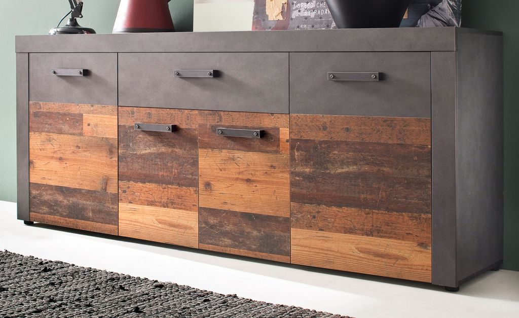Sideboard "Indy" Used Wood Vintage mit grau Kommode 4-türig 180 cm