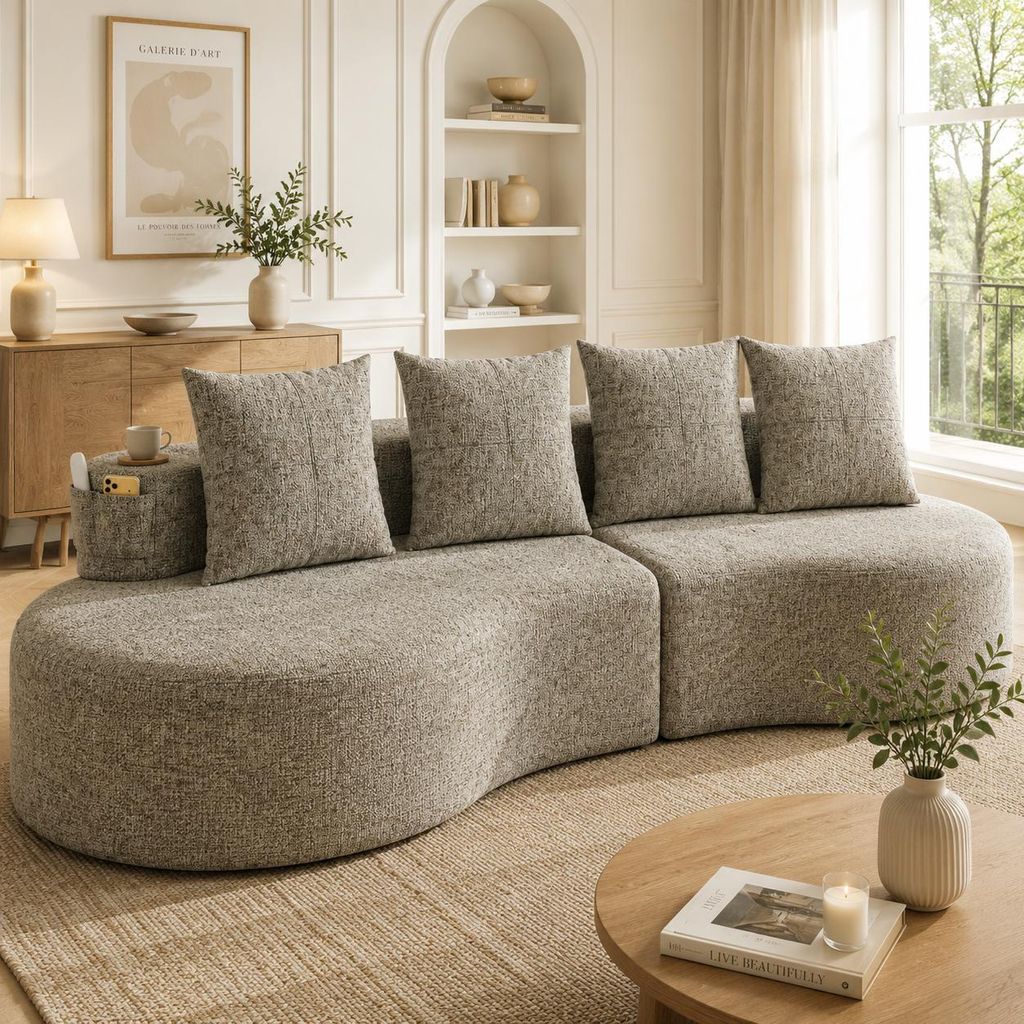 Leinenstoff-Sofa mit 4 Kissen, Hochdichtschaum & Federstücke, Tassenhalter & Seitentasche, einzigartiges Design, bequem & atmungsaktiv, ideal für...