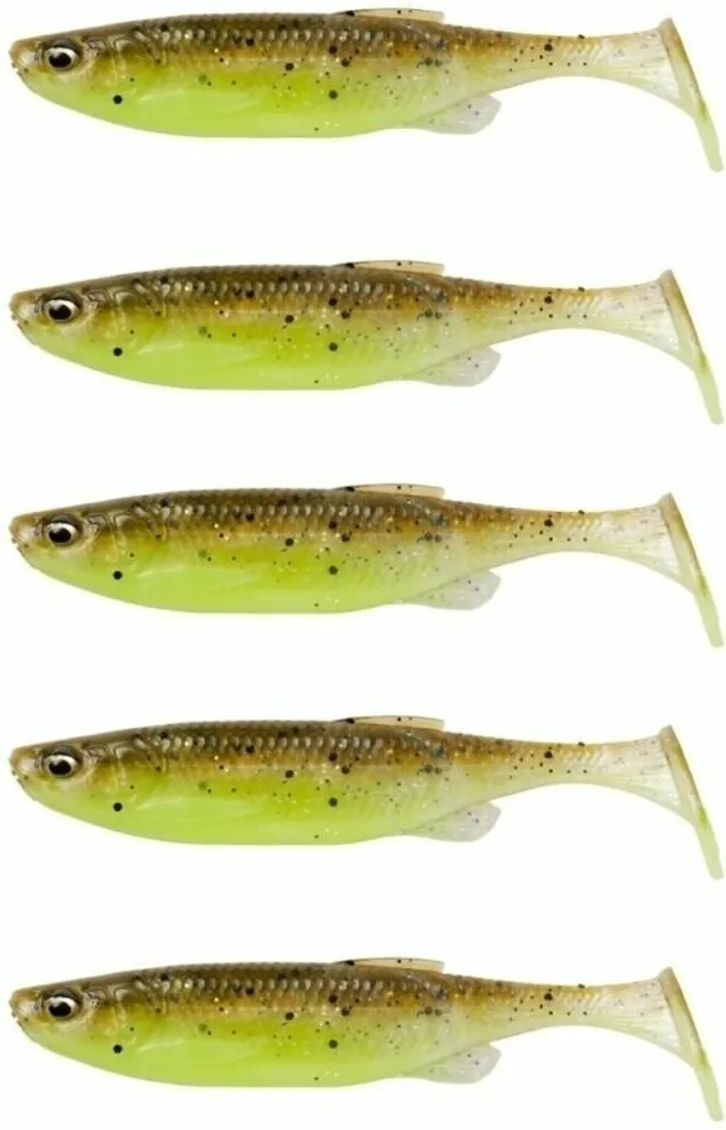 Leurre souple shad Fat Minnow T-Tail 9 cm 7 g Green Pearl Yellow 5 pcs