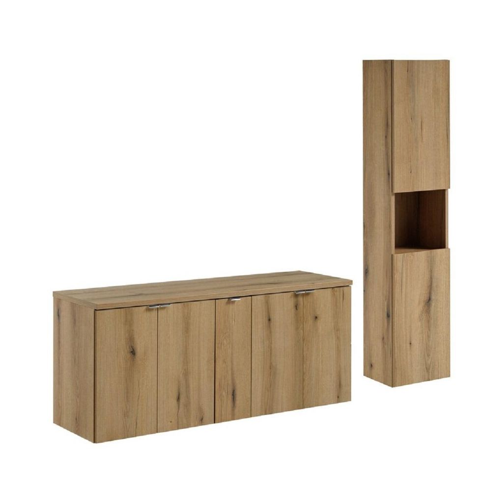 Badmöbel-Set mit Seitenschrank 20 cm, Hochschrank, 2 Waschbeckenunterschrank & Arbeitsplatte 140 cm, Nova Oak N BM254 - Evoke Eiche