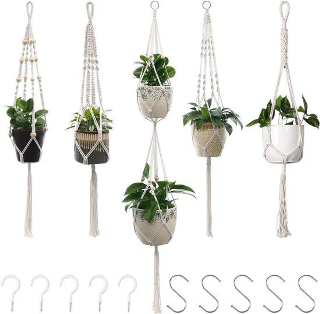 Support Plante Macramé Bohème en Coton Naturel - Suspension Extérieur Beige