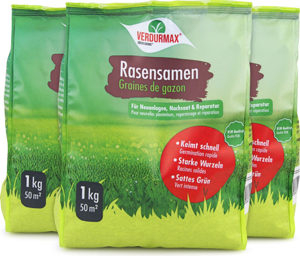 3x1 kg VERDURMAX Rasensamen schnellkeimend in RSM Qualität, Grassamen ideal für Neuansaat