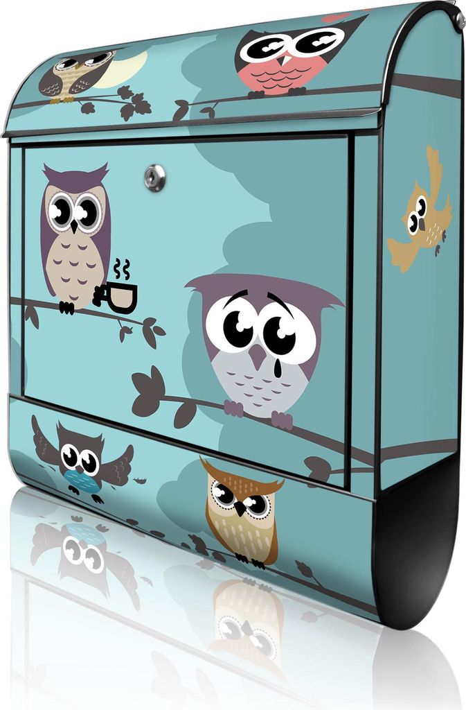 banjado Design Briefkasten Stahl schwarz mit Zeitungsfach pulverbeschichtet "Acht Eulen" 38x46x12,5cm & 2 Schlüssel - Postkasten A4 Einwurf inkl. ...