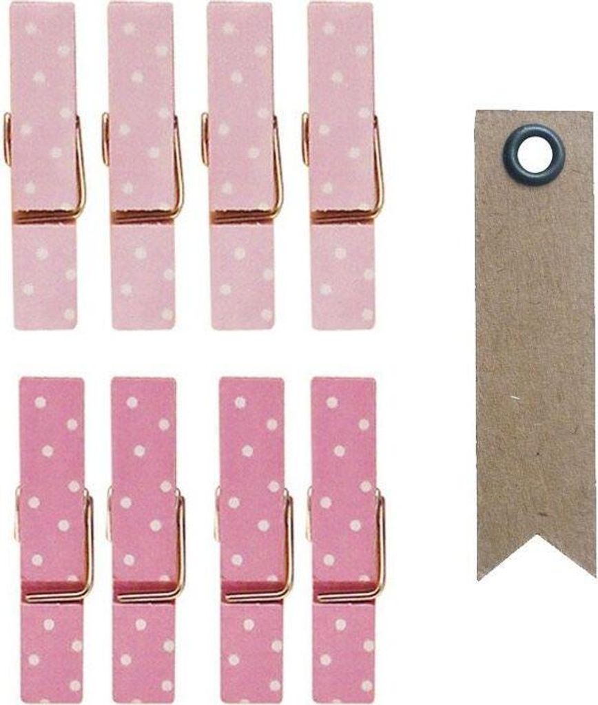 8 mini magnetischen Wäscheklammern 3.5 cm - Rosa + 20 Wimpel Kraft Etiketten
