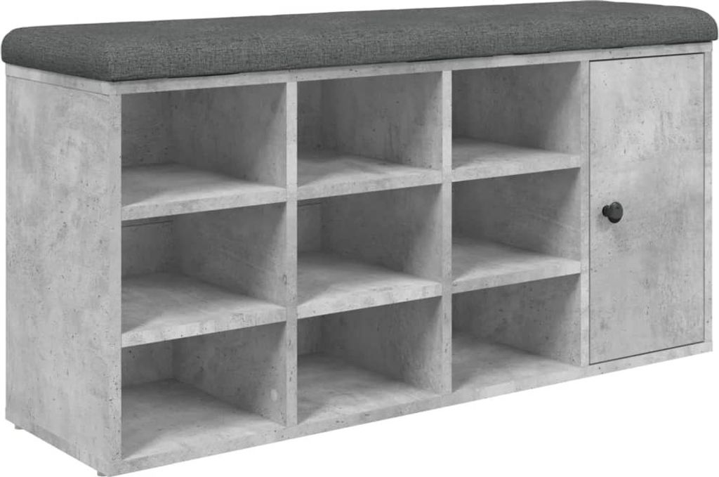 A shoe bench with multiple compartments and a single door on the right side, with a dark gray upholstered top.
