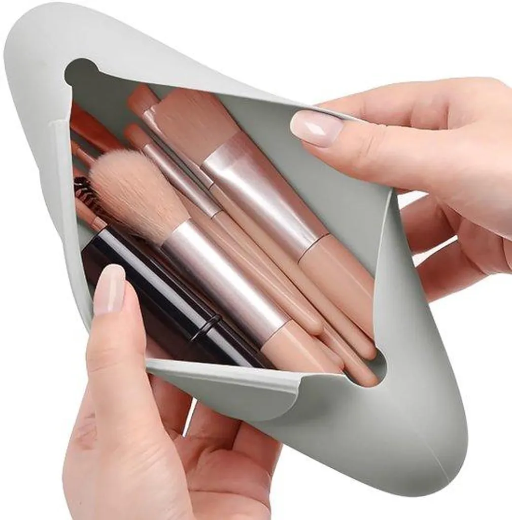 Support pinceaux maquillage gris compartimenté pour coiffeuse ordonnée