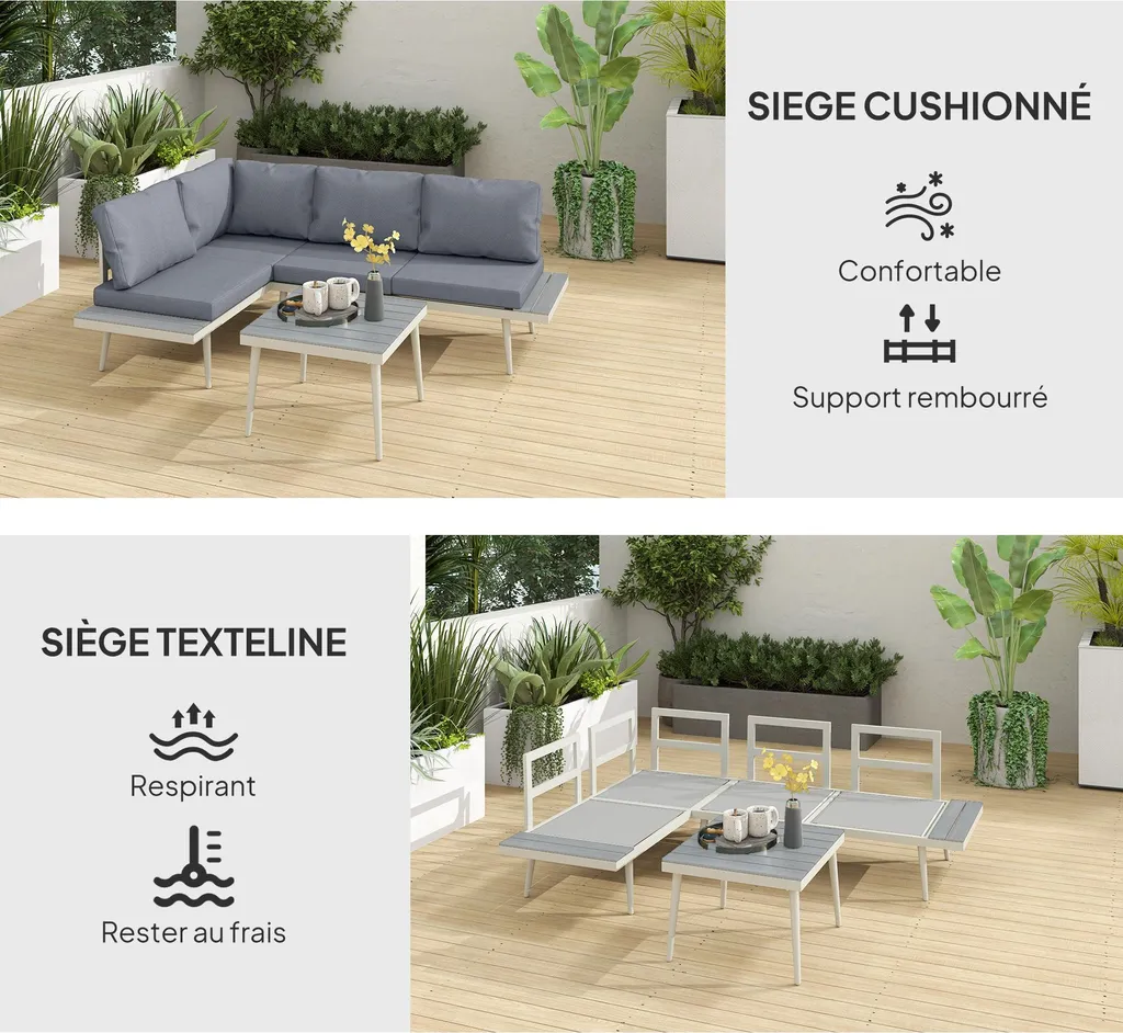 Outsunny Salon de Jardin d'Angle Modulable 3pcs - Gris, Canapé & Table - 6