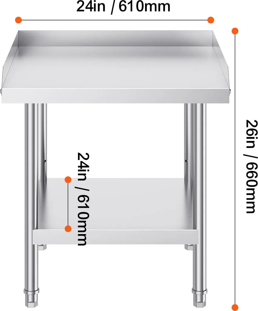 SucceBuy Tavolo da lavoro in acciaio inox 24 x 24 x 26 pollici. Robusto tavolo commerciale per la preparazione di alimenti con alzatina su 3 lati. Regolabile in altezza per l'uso in ristoranti, case e alberghi. - 8