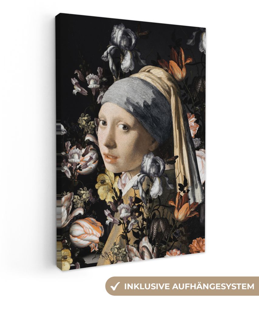 MuchoWow - Leinwandbilder - Das Mädchen mit dem Perlenohrring - Johannes Vermeer - Blumen, Wandbild, Wanddeko Bilder Wohnzimmer, 60x90 cm