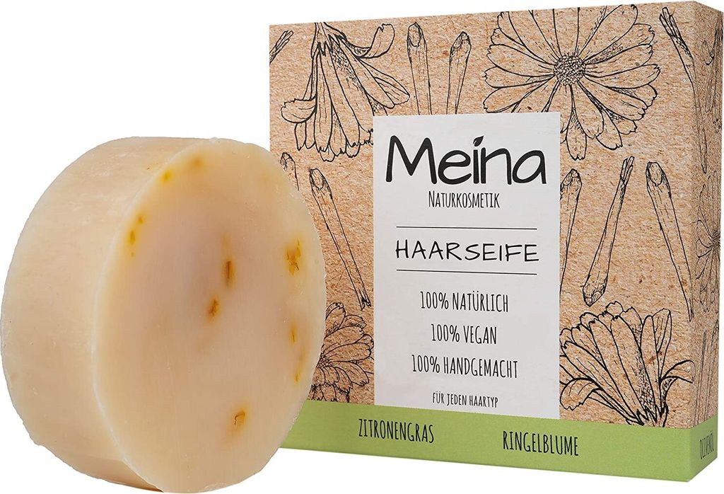 Meina - Haarseife Naturkosmetik - Bio Shampoo Bar mit Zitronengras und Ringelblume (1 x 80 g) palmölfrei, vegan festes Shampoo, Shampooseife für ...