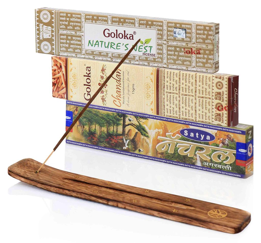 Räucherstäbchen 3er Set mit Halter – Goloka & Satya Natur Räucherwerk