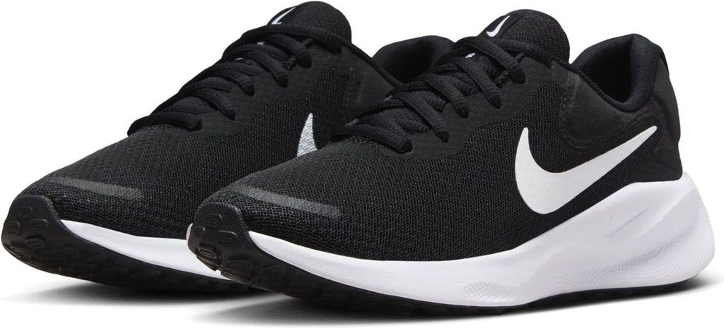 A pair of black Nike running shoes with white accents, presented on a white background.