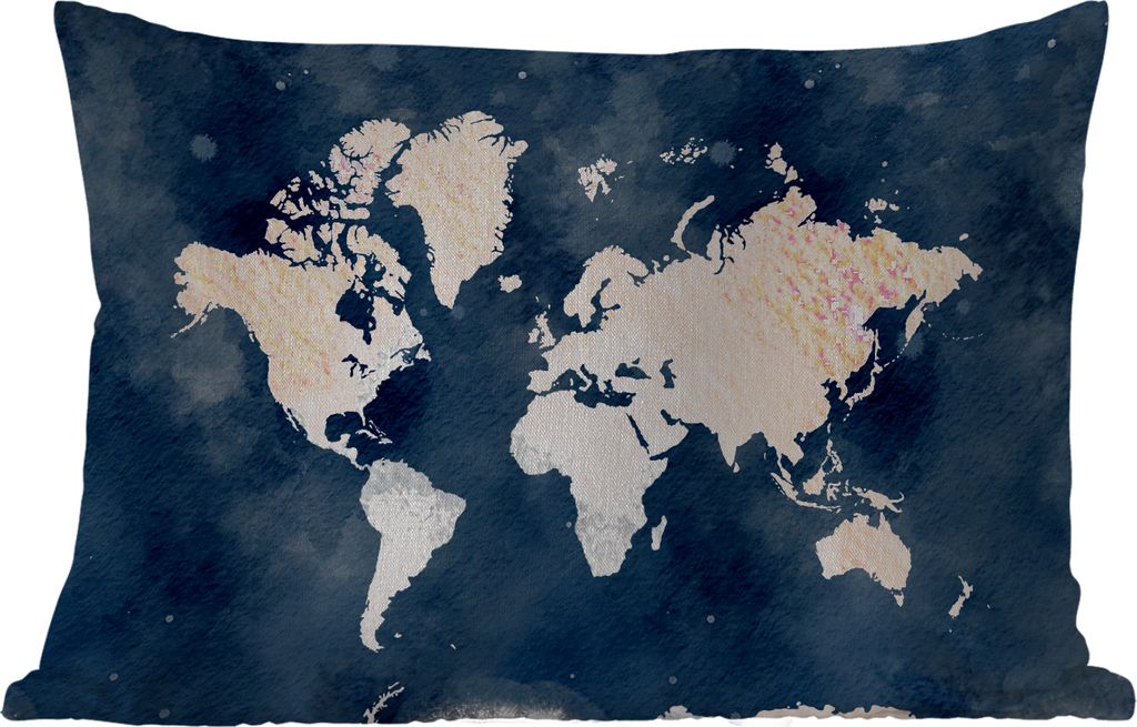 MuchoWow Outdoor Kissen - Weltkarte - Blau - Aquarell - 60x40 cm - Wetterfest - Lounge Kissen - Zierkissen - Kissen für Innenräume