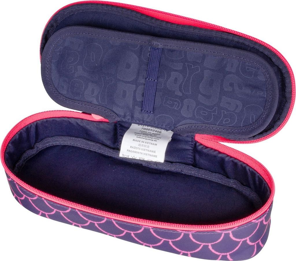 An open pencil case with a purple and pink scale pattern.