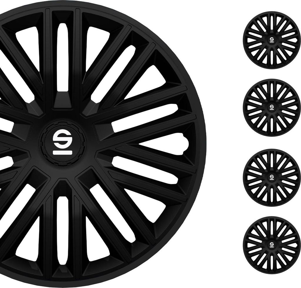 A set of black wheel covers on a white background.