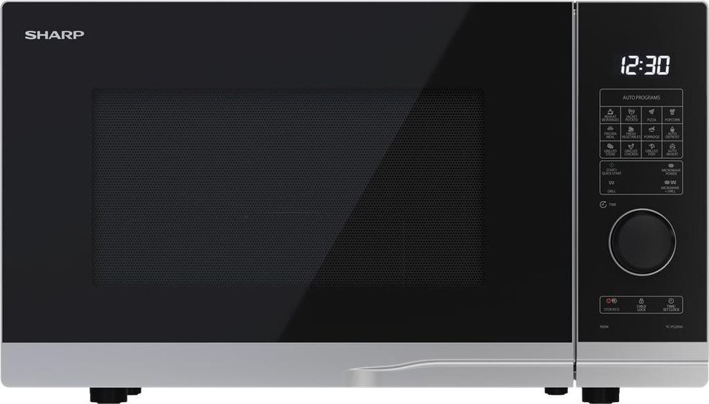 A front view of a SHARP microwave oven on a white background.