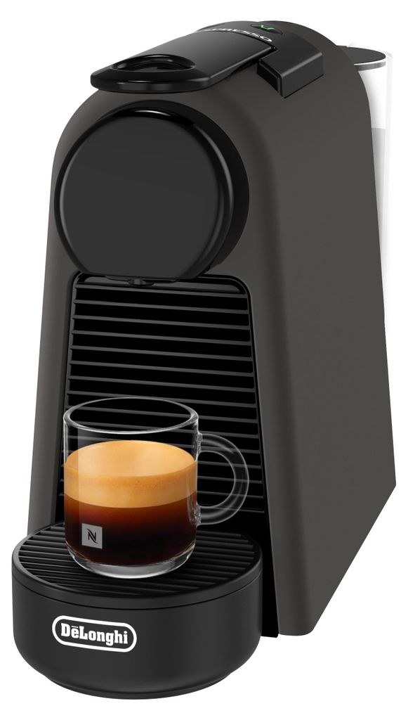 A black De'Longhi Nespresso Essenza Mini coffee machine with a cup of espresso.
