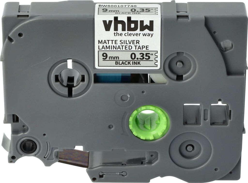 vhbw Schriftband-Kassette kompatibel mit Brother PT 2100VP, 2400, 220, 2030VP, 210E, 200-Serie Etiketten-Drucker 8m x 9mm Schwarz auf Matt-Silber