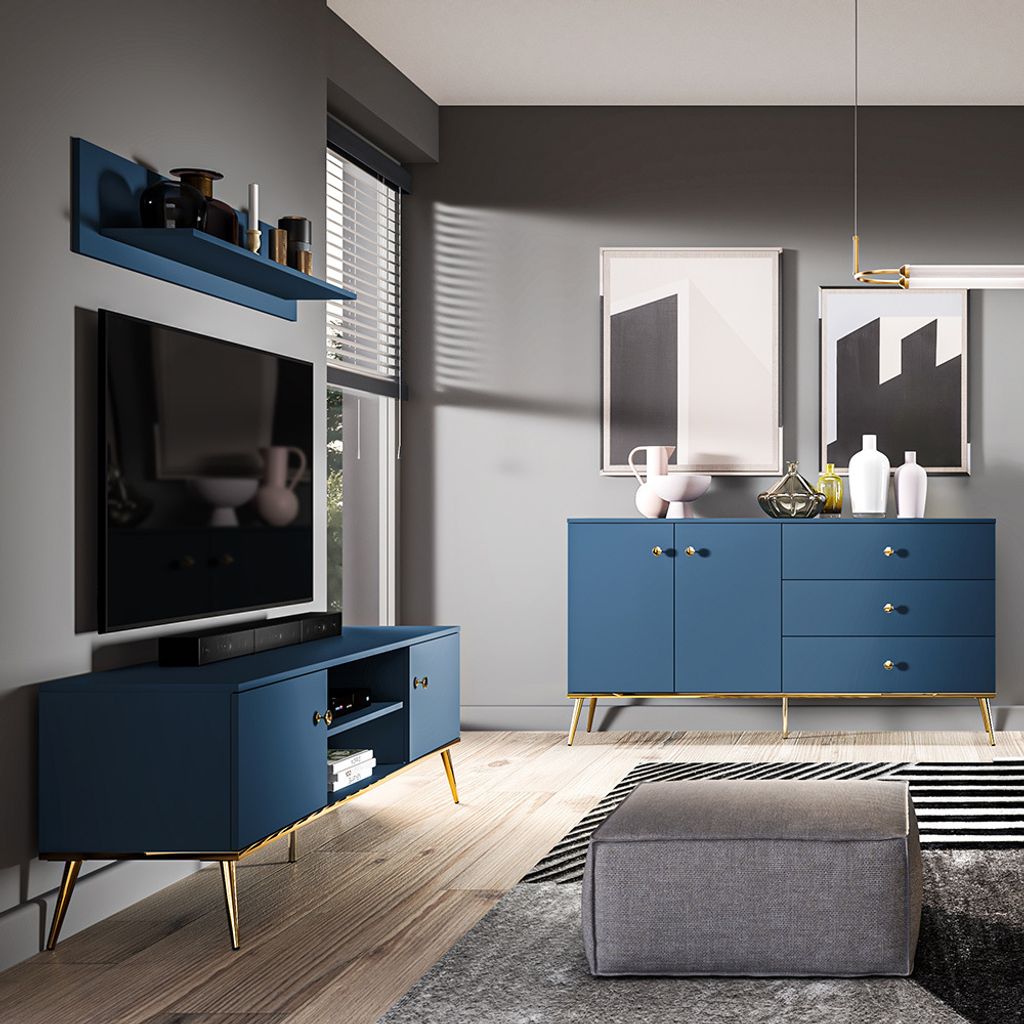 Wohnzimmermöbel dunkelblau MONTPELLIER-131, modern, 3-teilig mit TV-Lowboard