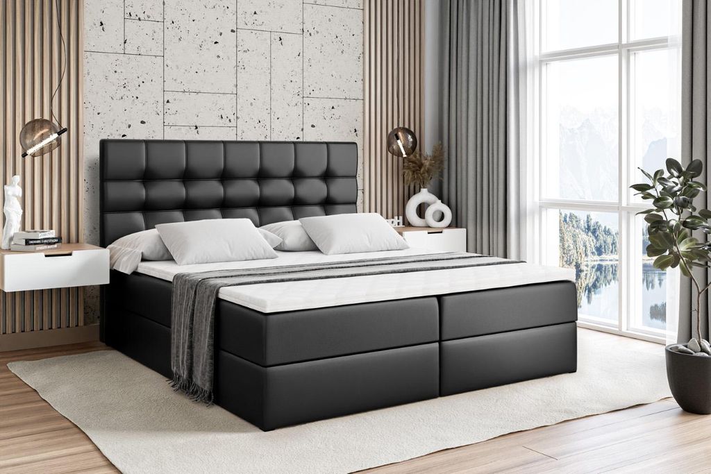 ALTDECOR Boxspringbett mit Matratze und Lattenrost - BERO - 200x200 cm - Schwarz Kunstleder - Boxbett, Topper, Polsterbett mit Bettkasten, Bett mit...
