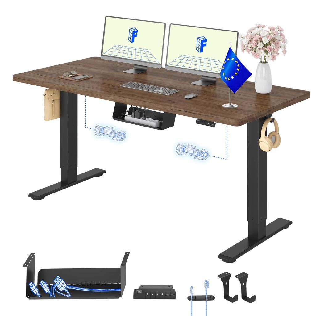 FLEXISPOT E1 Pro Elektrisch Höhenverstellbarer Schreibtisch EU, 140x80cm 25MM EINTEILIGE TISCHPLATTE Doppelmotor 120KG Tragkraft Kaffee-Eiche Optik