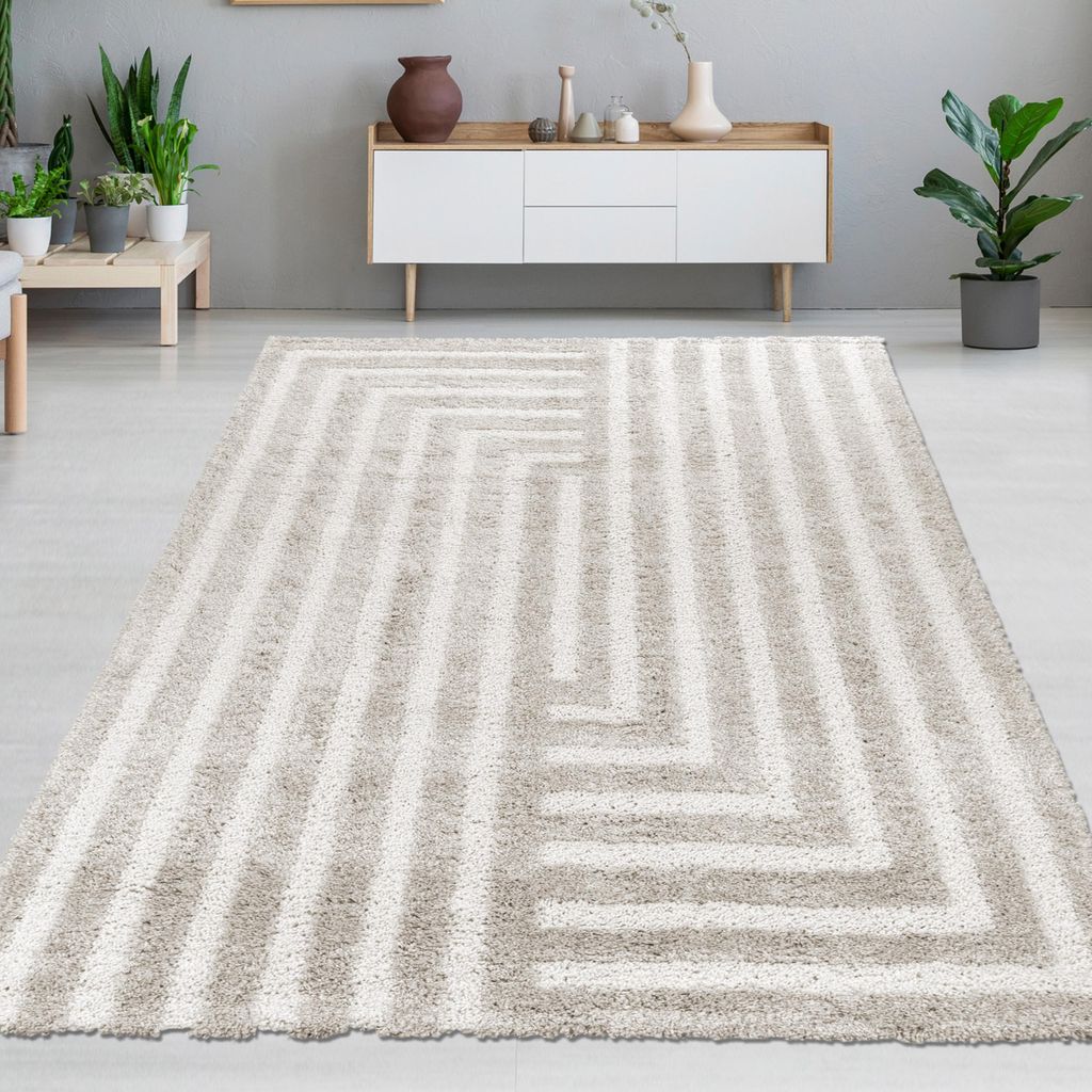 Weicher Hochflor-Teppich mit Linien Muster Gemütlich & Modern in Beige Größe - 240 x 340 cm