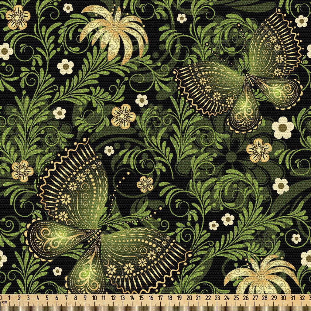 ABAKUHAUS Salbei Gewebe als Meterware, Frühling inspirierte Ornamente Schmetterlinge kleine Blüten wirbelte Blätter Vintage, 2 M (148 x 200 cm),...